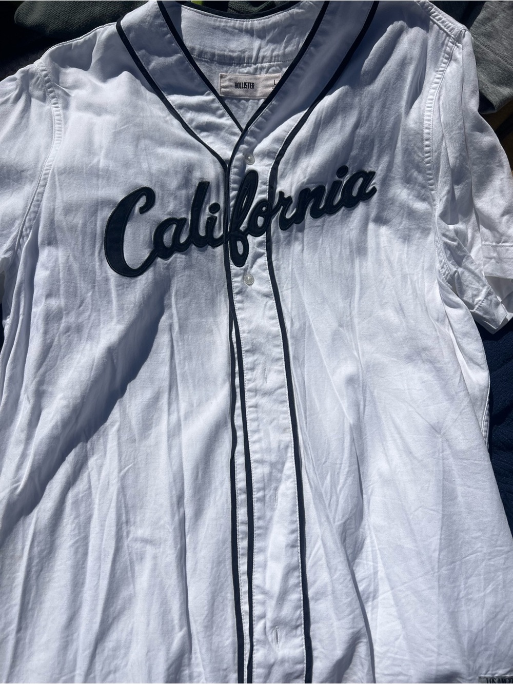 Hollister White Baseball-Style Jersey with Navy Script